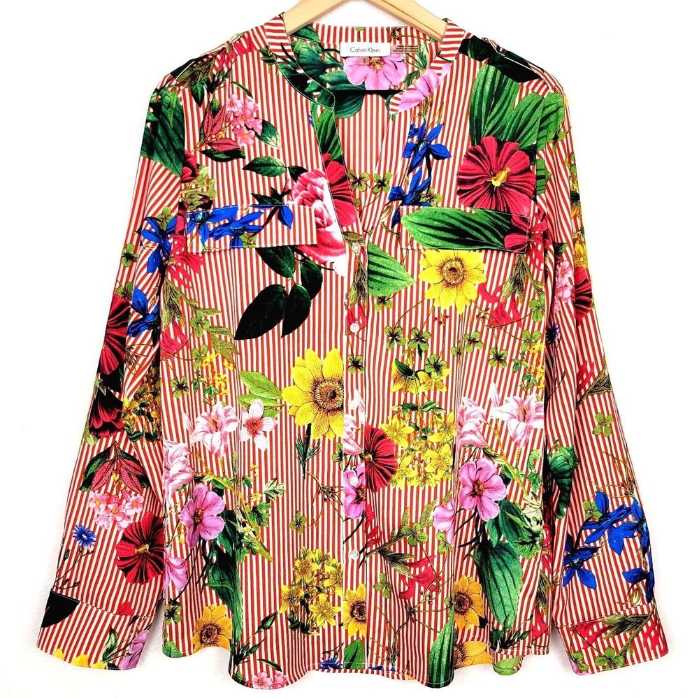 Calvin Klein Floral Stripe Button Up Blouse Women's M Resort Office Casual